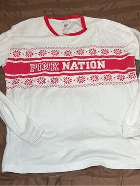 PINK Victoria's Secret White and Red 'PINK NATION' Long Sleeve Tee